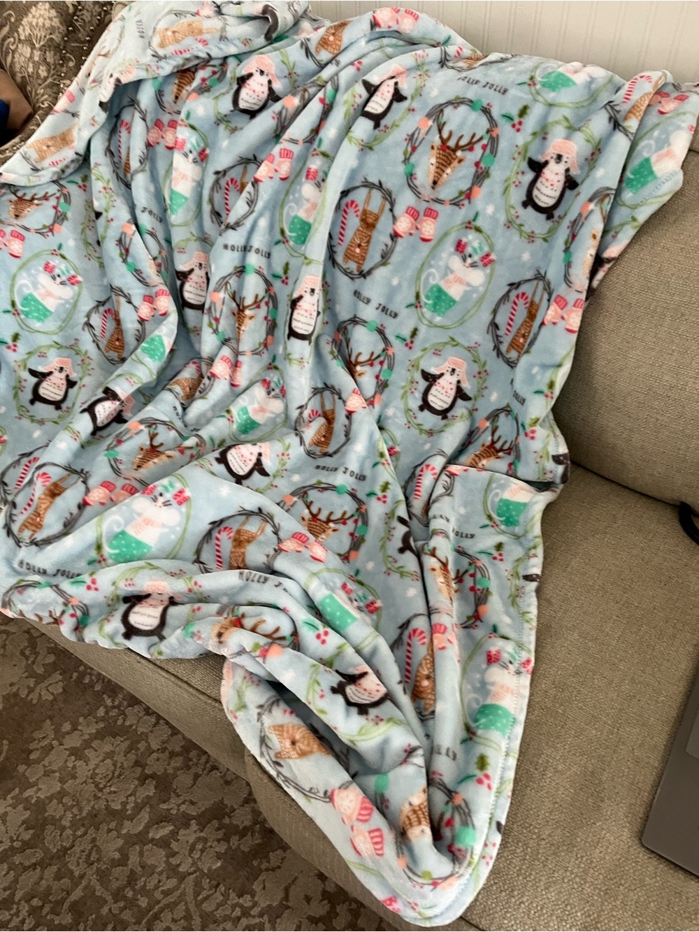 Cozy Light Blue Kids Pajama Blanket with Penguin & Reindeer Print